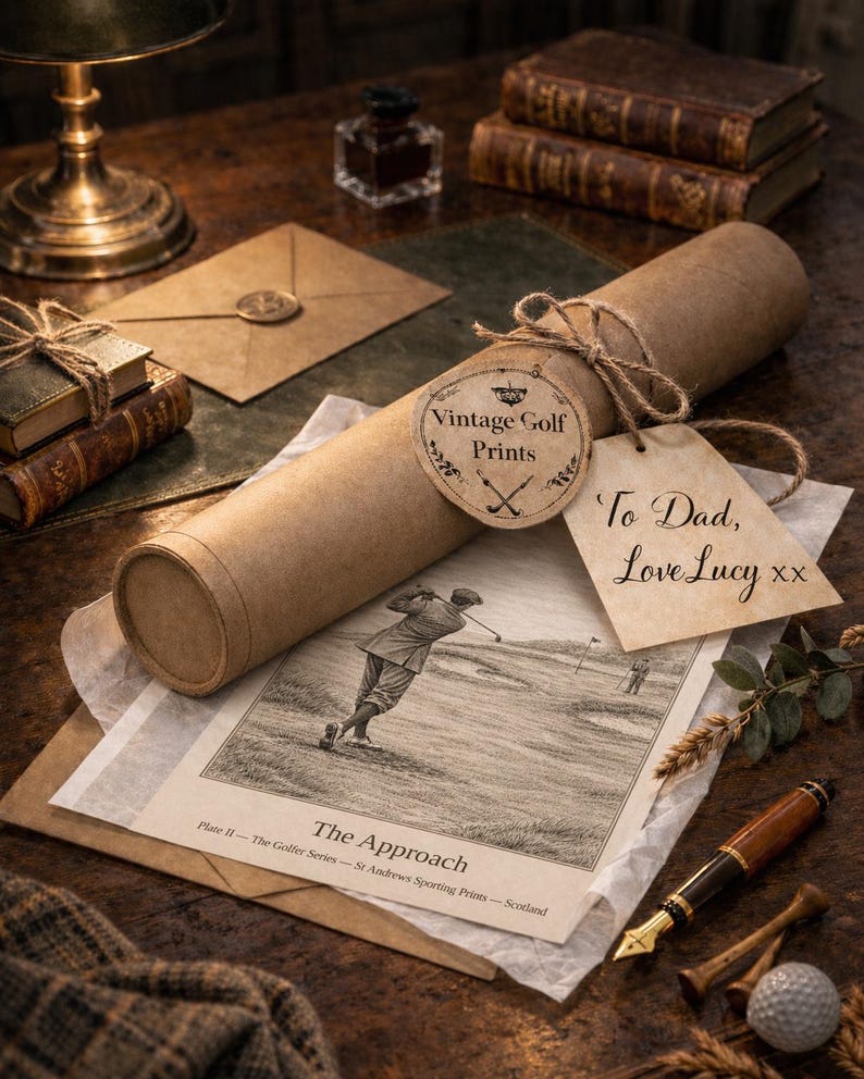 May include: A rolled-up vintage golf print, tied with twine, featuring a golf scene and the text "The Approach." A tag reads "To Dad, Love Lucy." The print is accompanied by a pen, golf tees, and a golf ball, suggesting a gift.