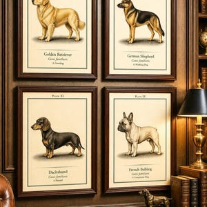 Victorian Dog Prints – Golden Retriever, German Shepherd, Dachshund, French Bulldog Wall Art