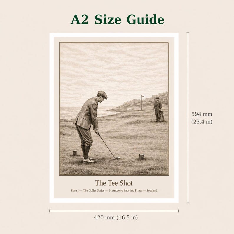 May include: Sepia-toned print titled "The Tee Shot" from the Golfer Series, depicting a golfer in vintage attire preparing to swing. The print measures 16.5 inches wide and 23.4 inches tall. The text "A2 Size Guide" is at the top.