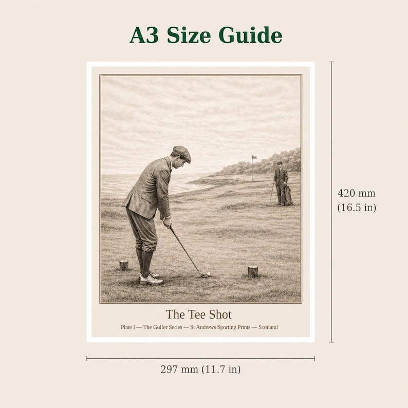 May include: Sepia-toned print titled "The Tee Shot" from the Golfer Series, featuring a golfer in vintage attire preparing to swing. The print measures 11.7 inches wide and 16.5 inches tall. The text "A3 Size Guide" is at the top.