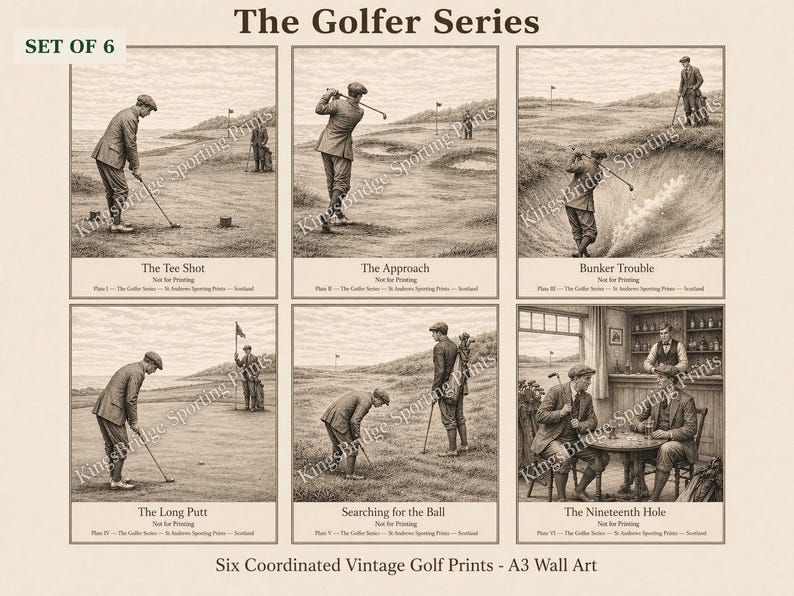May include: Set of six vintage golf prints, titled "The Golfer Series." Each print depicts a different golf scene, including "The Tee Shot," "The Approach," and "Bunker Trouble." The prints are in sepia tones and feature golfers in vintage attire.