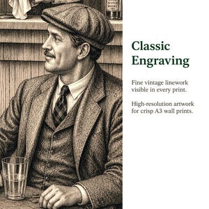 May include: Classic engraving print featuring a man in a tweed suit and cap, seated at a table with a glass of water and coins. A bottle of Old Club Scotch Whisky is visible. The image includes the text "Classic Engraving".
