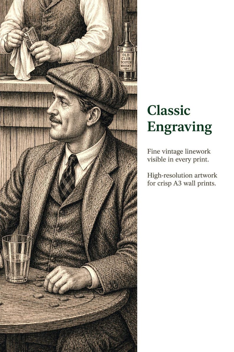 May include: Classic engraving print featuring a man in a tweed suit and cap, seated at a table with a glass of water and coins. A bottle of Old Club Scotch Whisky is visible. The image includes the text "Classic Engraving".