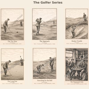 May include: A series of sepia-toned golf-themed prints titled "The Golfer Series." Each print depicts a different aspect of the game, including "The Tee Shot," "The Approach," and "The Nineteenth Hole." The prints feature detailed illustrations of golfers in action.