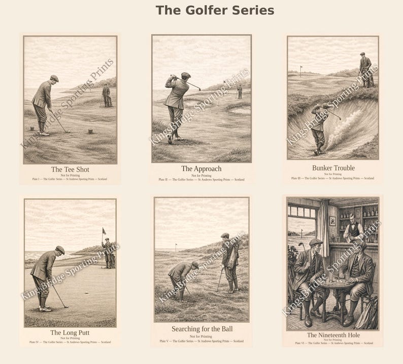 May include: A series of sepia-toned golf-themed prints titled "The Golfer Series." Each print depicts a different aspect of the game, including "The Tee Shot," "The Approach," and "The Nineteenth Hole." The prints feature detailed illustrations of golfers in action.