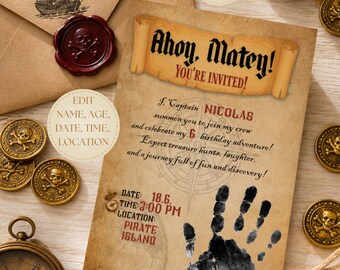 Editable Pirate Birthday Invitation Template | Canva Party Invite | Handprint Pirate Invitation | Instant Download