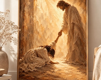 Jesus Reaching Out His Hand Wall Art, Jesus Lifting Woman in Faith, Christian Printable Art, Religious Wall Decor, 3:4 Digital Download
