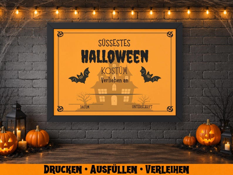 May include: A framed Halloween-themed sign with an orange background and black text that reads "S&uuml;&szlig;estes Halloween Kost&uuml;m". The sign features bats and a haunted house illustration. Pumpkins and candles decorate the scene.