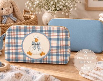 Cute Duck Diaper Pouch PNG, 2 PNG Files Front and Back, Blue Plaid Baby Bag Design, Sublimation Pouch, Baby Shower Gift, Digital Download