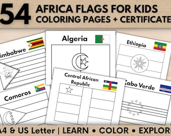 54 Africa Flags Activity Book for Kids, Learn African Countries, Coloring Pages Printable PDF, A4 US Letter, Bonus Certificate