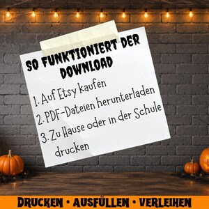 May include: A Halloween-themed image featuring a brick wall backdrop with string lights and spiderwebs. A white note taped to the wall displays instructions in German: "SO FUNKTIONIERT DER DOWNLOAD". Carved pumpkins and candles are on a wooden surface.