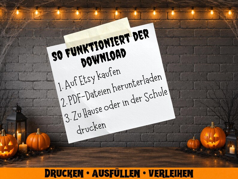 May include: A Halloween-themed image featuring a brick wall backdrop with string lights and spiderwebs. A white note taped to the wall displays instructions in German: "SO FUNKTIONIERT DER DOWNLOAD". Carved pumpkins and candles are on a wooden surface.