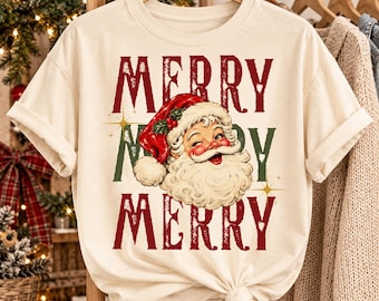 Vintage Santa PNG, Merry Merry Merry Christmas Shirt Design, Retro Christmas Sublimation PNG, Holiday Sweatshirt Graphic, Instant Download