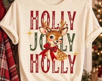 Holly Jolly Holly PNG, Vintage Christmas Reindeer PNG, Cute Winking Reindeer Shirt Design, Retro Christmas Sublimation PNG, Instant Download