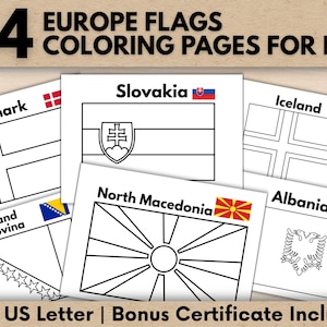 Puede incluir: Un conjunto de 44 páginas para colorear con banderas europeas para niños. Cada página presenta una bandera europea diferente en blanco y negro, lista para colorear. El texto "EUROPE FLAGS COLORING PAGES FOR KIDS" está en la parte superior.