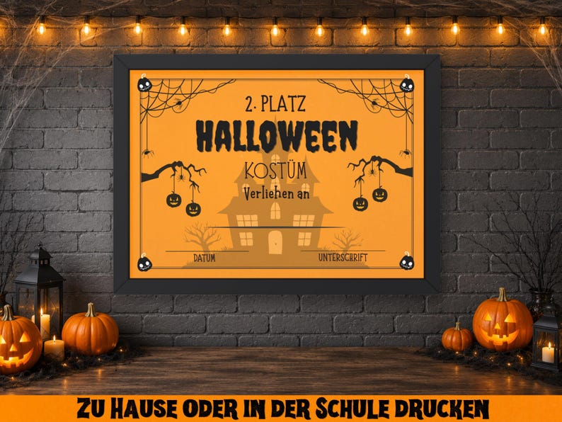 May include: A framed Halloween award certificate with orange and black text and graphics. The certificate reads "2nd Place Halloween Costume" and includes space for a date and signature. Pumpkins and candles decorate the scene.