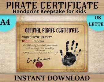 May include: A vintage-style pirate certificate with the text "PIRATE CERTIFICATE" and "Handprint Keepsake for Kids." The certificate includes a handprint, the name "Nicolas," and the words "OFFICIAL PIRATE CERTIFICATE."