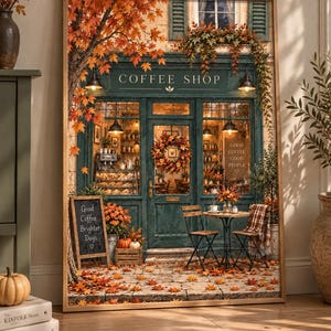 Könnte beinhalten: Ein gerahmter Wandkunstdruck, der die Fassade eines Cafés mit dunkelgrünen Verzierungen, einem Kranz an der Tür und herbstlichem Laub zeigt. Das Schild trägt die Aufschrift COFFEE SHOP und eine Kreidetafel zeigt den Text Good Coffee Brighter Days.
