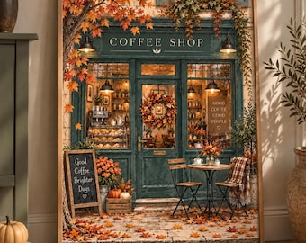 Autumn Coffee Shop Wall Art, Cozy Fall Café Printable, Vintage Watercolor Poster, Fall Home Decor, Digital Download