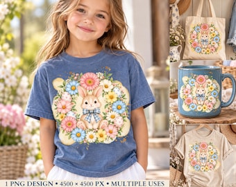 Easter Bunny PNG, Watercolor Floral Rabbit Clipart, Cute Spring Bunny with Easter Eggs, Sublimation Design for Shirts, Mugs & Tote Bags