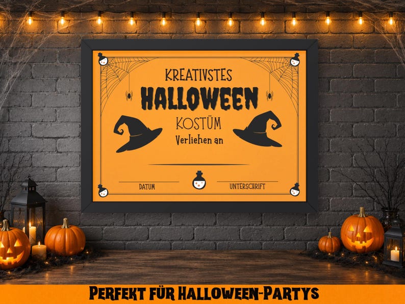 May include: A framed orange Halloween sign with black text and witch hat illustrations. The sign reads "Kreativstes Halloween Kost&uuml;m Verliehen an" and includes space for a date and signature. Pumpkins and candles decorate the scene.