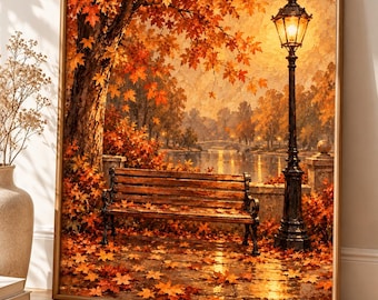 Autumn Park Bench Wall Art, Cozy Fall Landscape Printable, Vintage Street Lamp Oil Painting, Digital Download
