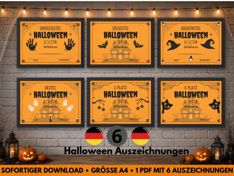May include: Six Halloween award certificates with black frames, featuring orange backgrounds and spooky graphics. Each certificate has German text and Halloween-themed illustrations like bats, ghosts, and witch hats. The awards are for costume contests.