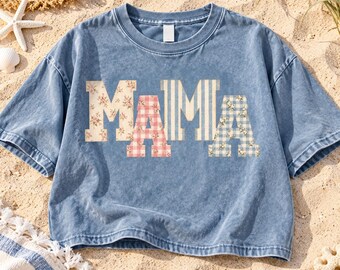 Vintage Floral MAMA PNG, Patchwork Mama Shirt Design, Pink Blue Gingham, Mother's Day Sublimation, Digital Download