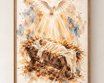 Baby Jesus in Manger Wall Art, Holy Spirit Dove Watercolor Print, Christian Nursery Decor, Nativity Printable Art,Christmas Digital Download