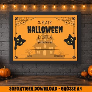 May include: A framed Halloween award certificate with orange background and black text. The certificate reads "3rd Place Halloween Costume" with a haunted house graphic. Black cat silhouettes peek from the sides. The bottom text reads "Instant Download - Size A4".