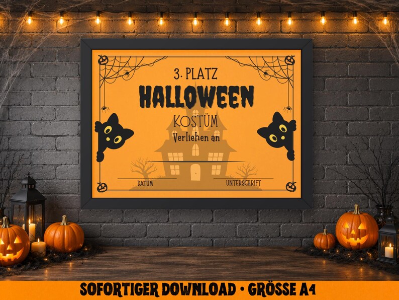 May include: A framed Halloween award certificate with orange background and black text. The certificate reads "3rd Place Halloween Costume" with a haunted house graphic. Black cat silhouettes peek from the sides. The bottom text reads "Instant Download - Size A4".