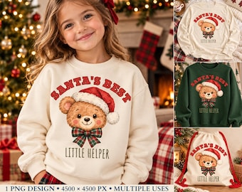 Santa's Best Little Helper PNG, Christmas Teddy Bear PNG, Retro Christmas Sublimation Design, Cute Kids Holiday Shirt & Sweatshirt Print