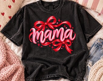 Mama PNG, Pink Red Bow Coquette Design, Cute Mom Shirt Graphic, Mother's Day Sublimation, Trendy Mama T-Shirt Print, Digital Download