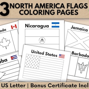 Puede incluir: Un conjunto de 23 páginas para colorear con banderas de América del Norte. Cada página presenta un diseño de bandera diferente, incluyendo Canadá, Nicaragua, Jamaica, Cuba, Estados Unidos y Barbados. El texto superior dice "PÁGINAS PARA COLOREAR BANDERAS DE AMÉRICA DEL NORTE".
