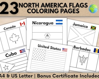 23 North America Flags Coloring Pages for Kids | Printable PDF A4 & US Letter | Geography Activity | Includes Caribbean and Central America