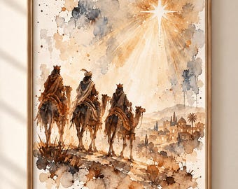Three Wise Men Wall Art, Star of Bethlehem Watercolor Print, Christian Nativity Decor, Biblical Christmas Art, Printable Digital Download