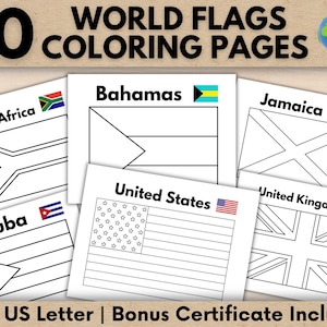 Puede incluir: Un conjunto de 50 páginas para colorear con banderas del mundo, incluyendo banderas de Sudáfrica, Bahamas, Jamaica, Cuba, Estados Unidos y Reino Unido. Las páginas son tamaño A4 y US Letter, e incluyen un certificado de bonificación.