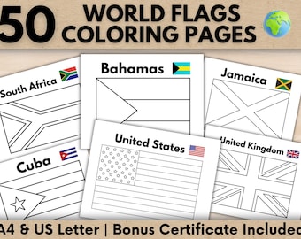 50 World Flags Coloring Pages for Kids | Printable A4 & US Letter PDF | Geography Activity | Learn Countries | Bonus Certificate