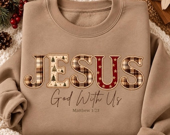 Jesus God With Us PNG, Vintage Christmas Plaid Faux Embroidery Design, Christian Sublimation, Matthew 1:23, Christmas Shirt Graphic