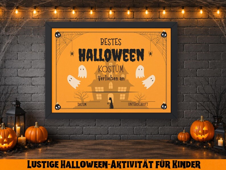 May include: A framed Halloween-themed sign with the words "BESTES HALLOWEEN KOST&Uuml;M" in black on an orange background. The sign features a haunted house graphic, ghosts, and spiderwebs. Pumpkins and candles are in the foreground.