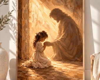 Jesus Holding Praying Girl’s Hands Wall Art, Christian Nursery Decor, Jesus Prayer Oil Painting, Religious Printable Art, 3:4