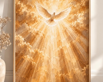 Holy Spirit Dove Wall Art PNG, Divine Light Christian Printable, Religious Digital Download, Golden Heavenly Art