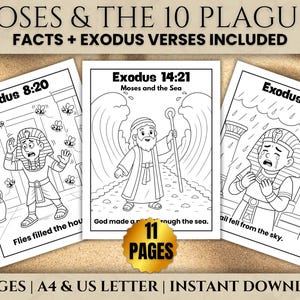 May include: A set of three black and white coloring pages with illustrations from the Bible. The pages depict scenes from Exodus, including Moses and the plagues. Text includes "Moses & The 10 Plagues" and "Facts + Exodus Verses Included."