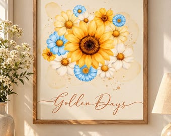 Golden Days Floral Wall Art, Watercolor Sunflower Print, Yellow Blue Daisy Poster, Cottagecore Flower Decor, Printable Wall Art