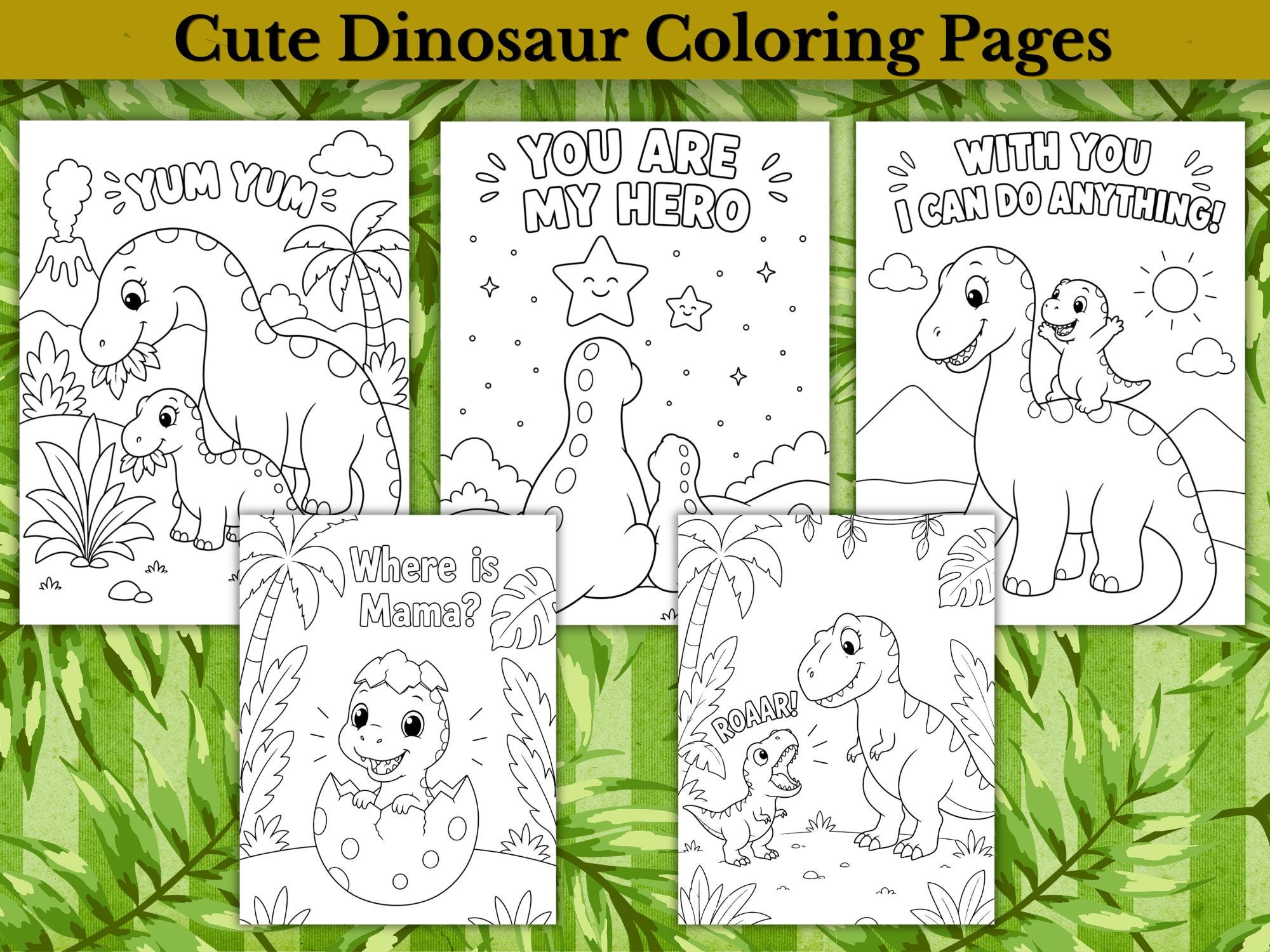 10 Cute Dinosaur Coloring Pages | Mommy & Baby Dino Theme | Instant ...