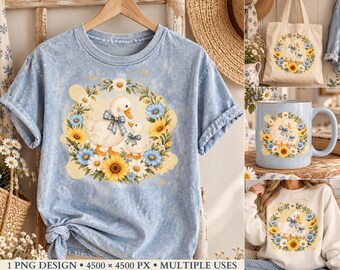 Vintage Mama Duck & Baby PNG, Floral Duck Sublimation Design, Blue Bow Cottagecore PNG, Mother's Day Shirt and Mug Design