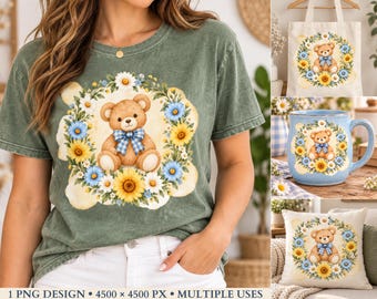 Vintage Floral Teddy Bear PNG, Blue Gingham Bow, Spring Bear Sublimation Design for Shirts, Mugs, Tote Bags & Pillows