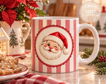 Christmas Santa Mug Wrap PNG, 11oz 15oz Sublimation Design, Cute Winking Santa, Pink Striped Christmas Mug, Digital Download