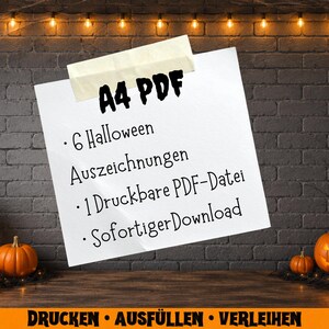 May include: A white paper with the text "A4 PDF" and bullet points listing "6 Halloween Auszeichnungen" and "1 Druckbare PDF-Datei". The image has a Halloween theme with pumpkins and candles.