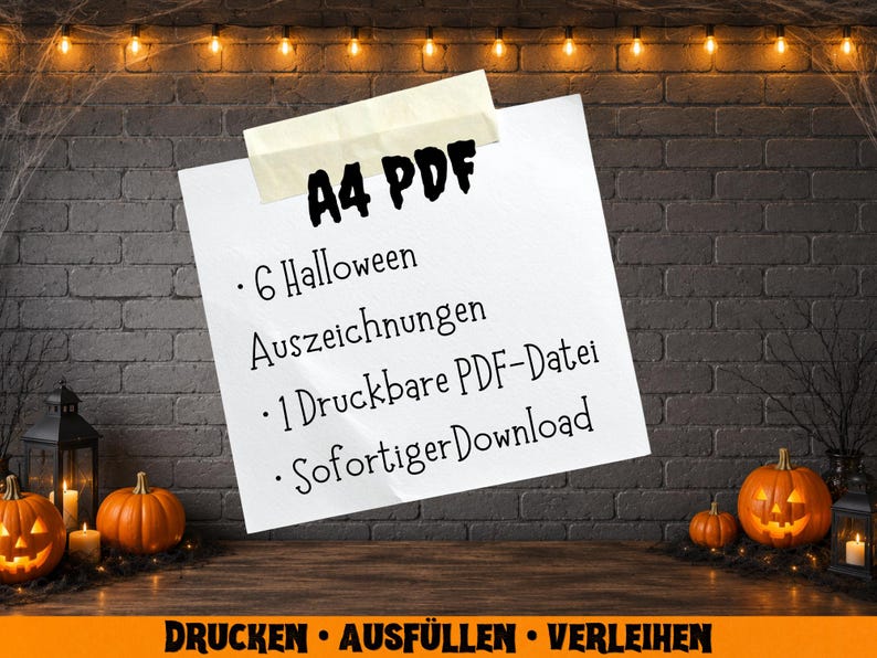 May include: A white paper with the text "A4 PDF" and bullet points listing "6 Halloween Auszeichnungen" and "1 Druckbare PDF-Datei". The image has a Halloween theme with pumpkins and candles.